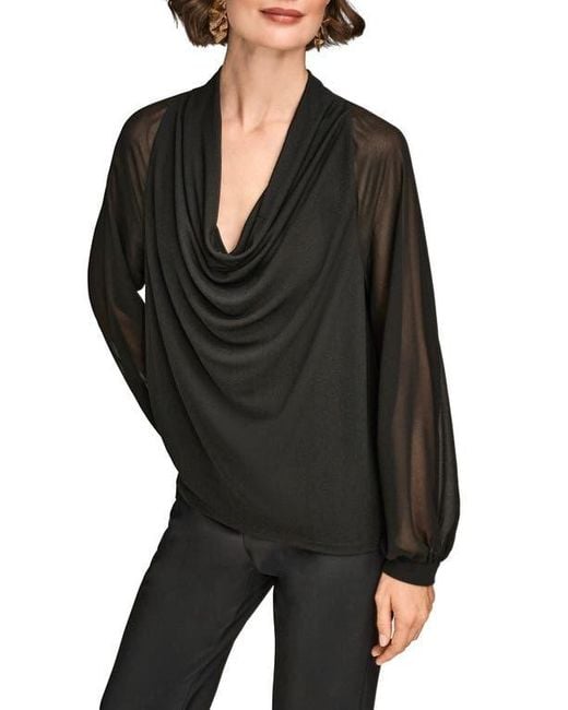 Donna Karan Black Sheer Sleeve Cowl Neck Top