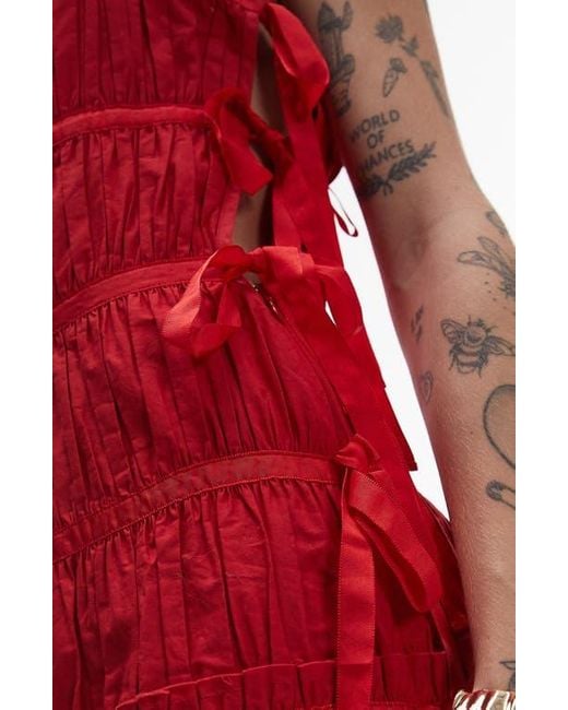TOPSHOP Red Ruched Cotton Poplin Midi Dress
