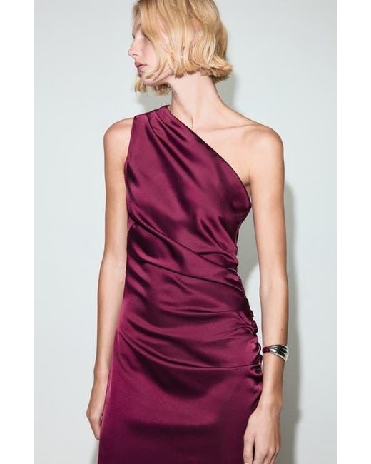 Mango Ruched One-Shoulder Satin Maxi Dress in Pink | Lyst