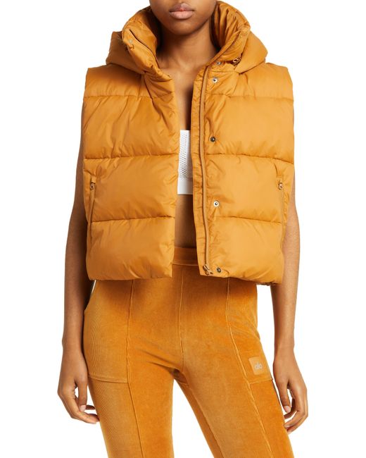 Alo Yoga Orange Gold Rush Hooded Puffer Vest
