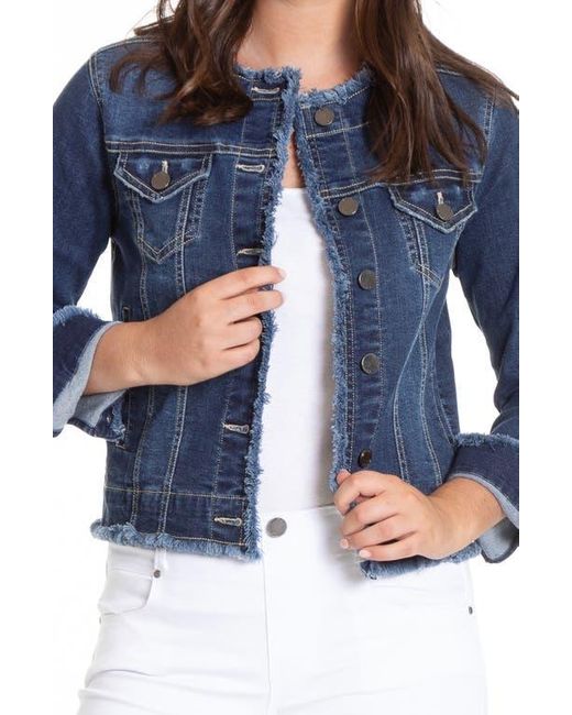 Apny Blue Frayed Collarless Denim Jacket