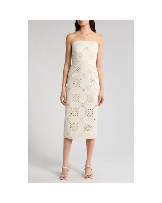 Veronica Beard Natural Netia Embroidered Eyelet Strapless Midi Dress