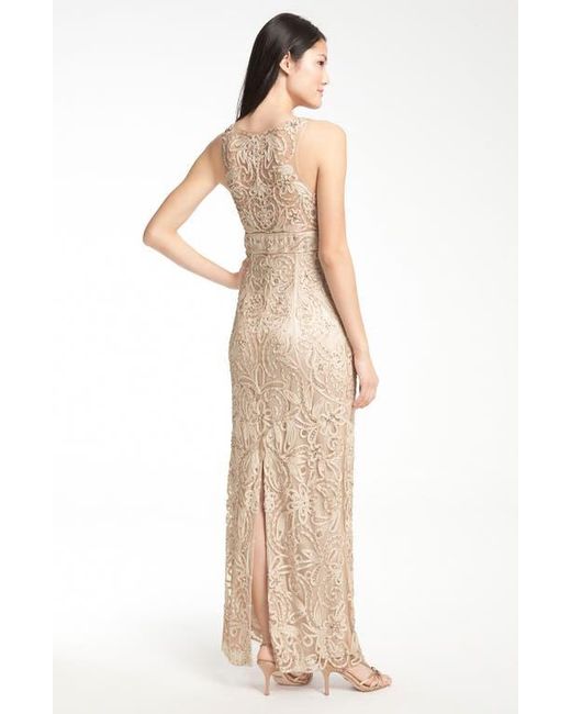 Sue Wong Natural V-Neck Embroidery & Bead Overlay Gown