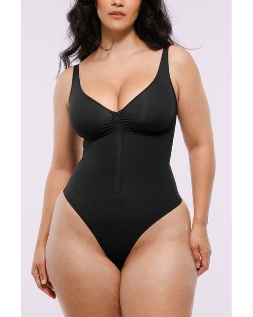 Shapellx Black Skin Flow Zipper Front Thong Bodysuit