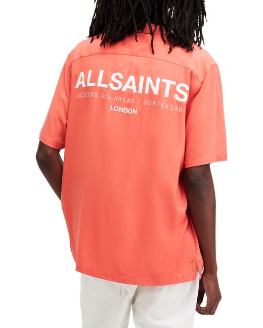 AllSaints Orange Access Short Sleeve Graphic Camp Shirt for men