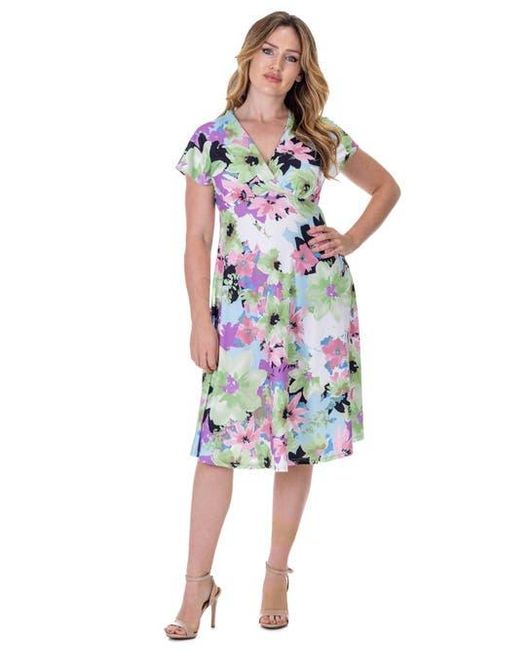 24seven Comfort Apparel Blue Petites Floral Print V-Neck Empire Waist Kimono Cap Sleeve Knee Length Dress