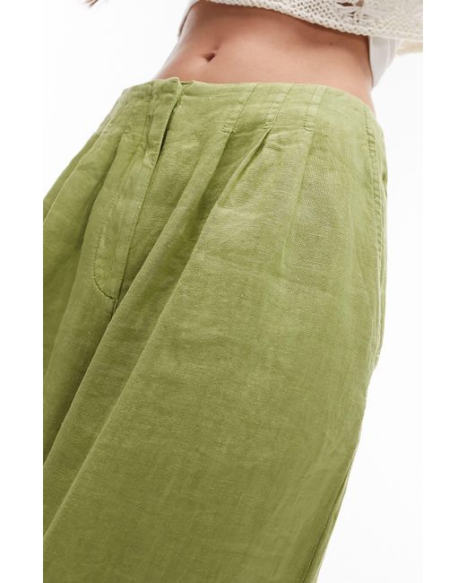 TOPSHOP Green Pleated Superwide Leg Linen Pants