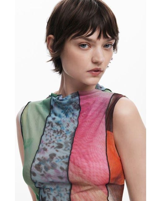 Desigual Blue Mixed Print Mesh Tank