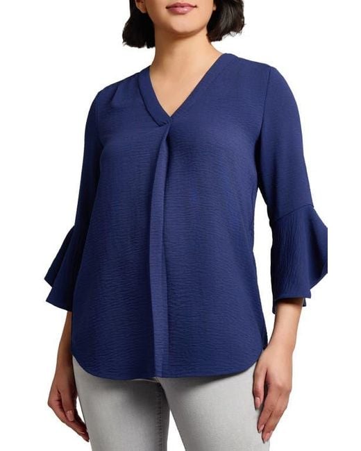 Jones New York Blue Pleated V-Neck Flutter Sleeve Top