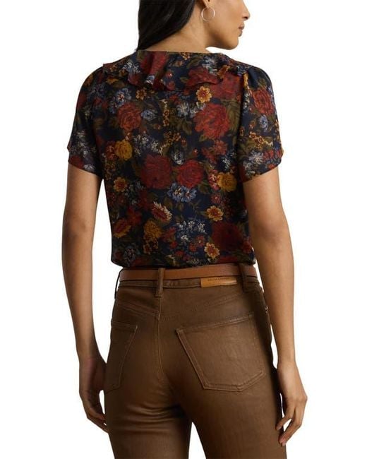 Ralph Lauren Brown Floral Ruffle Accent Top