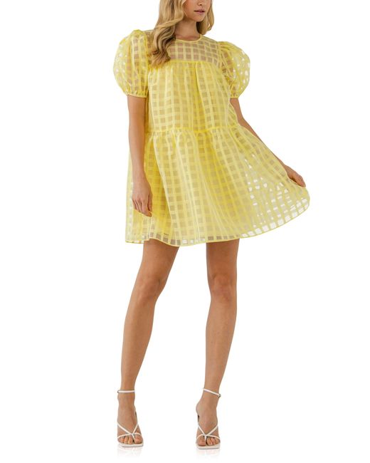 English Factory Yellow Gridded Puff Sleeve Dress