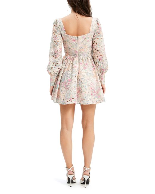 Bardot Natural Lila Floral Eyelet Corset Long Sleeve Minidress