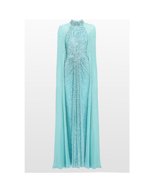 Jenny Packham Blue Thea Embellished Cape Maxi Dress