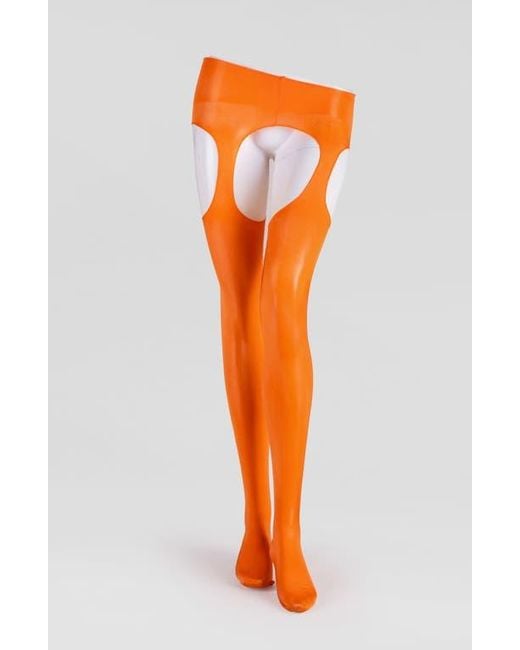 LECHERY Orange Lustrous Silky Shiny Sheer Suspender Crotchless Tights