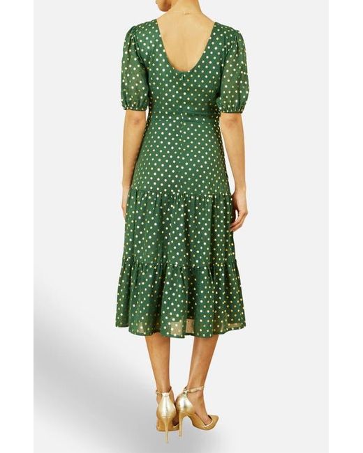 Yumi' Green Foil Spot Midi Dress With Scoop Back
