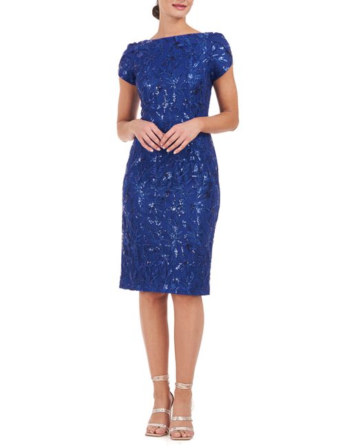 JS Collections Blue Fiona Embroidered Floral Sheath Dress