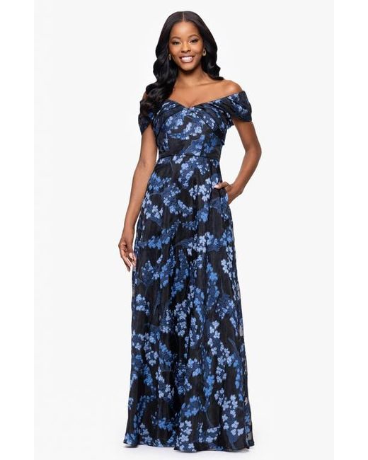 Betsy & Adam Blue Embroidered Floral Off The Shoulder Gown