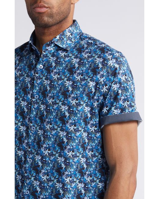 Stone Rose Blue Floral Butterfly Print Short Sleeve Stretch Button-up Shirt for men