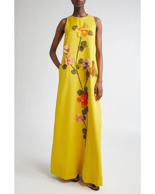 Lela Rose Women's Yellow Francie Beaded Floral Appliqué Gown