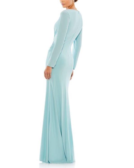 Mac Duggal Blue Long Sleeve Ruched Jersey V-Neck Gown