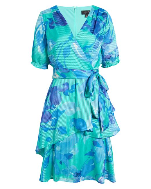 Tahari Blue Floral Shadow Stripe Satin Dress
