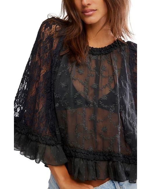 Free People Black Carly Embroidered Ruffle Cape Top