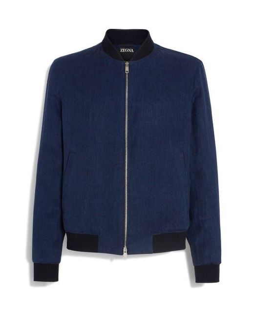 Zegna Blue Linen Twill Bomber Jacket for men