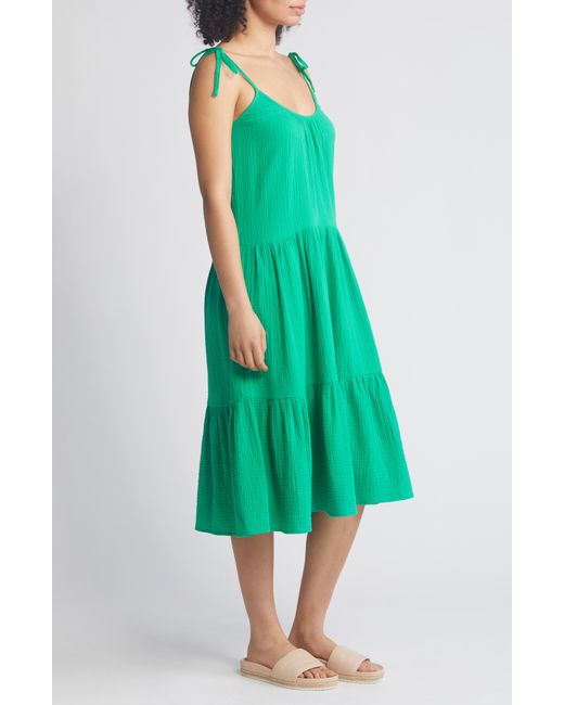 Caslon Green Caslon(r) Tie Strap Tiered Cotton Gauze Midi Dress