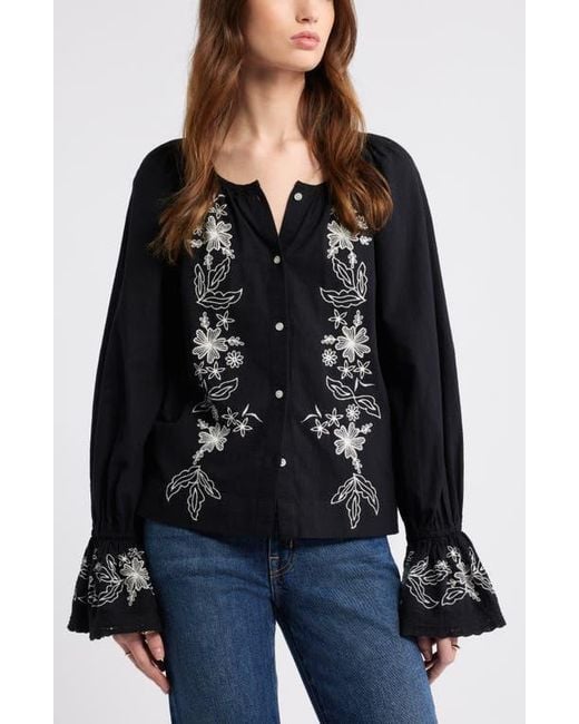 Treasure & Bond Black Embroidered Front Button Top