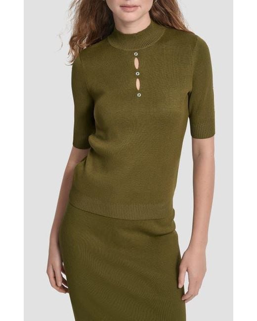 DKNY Green Cutout Grommet Mock Neck Sweater