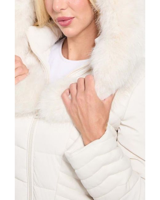 Guess White New Oxana Mixed Media Puffer Coat