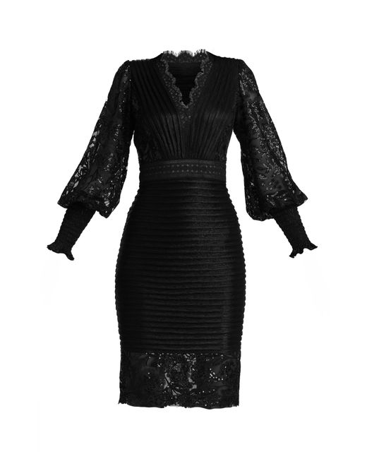 Tadashi Shoji Black Pleated Sequin Lace Long Sleeve Chiffon Dress