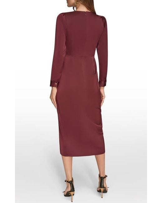 Donna Karan Red Long Sleeve Satin Faux Wrap Dress