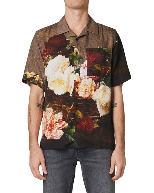 Neuw X New Order Roses Short Sleeve Buttonup Camp Shirt in Black for