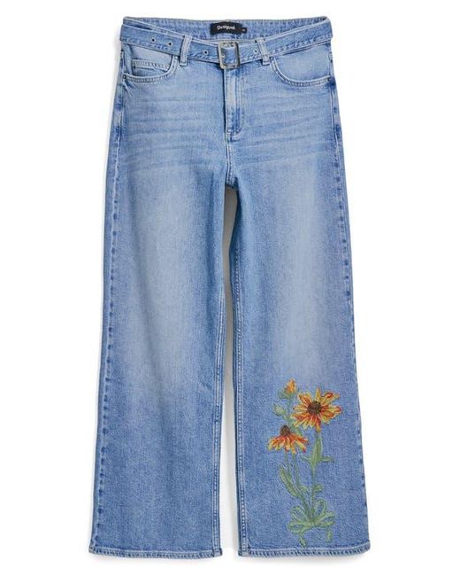 Desigual Blue Floral Embroidered Belted Crop Wide Leg Jeans