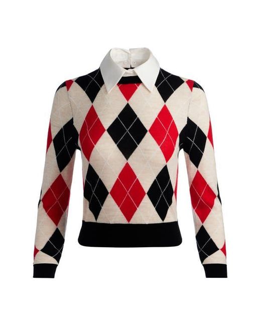 Alice + Olivia Blue Carol Ann Wool Blend Argyle Sweater With Removable Collar