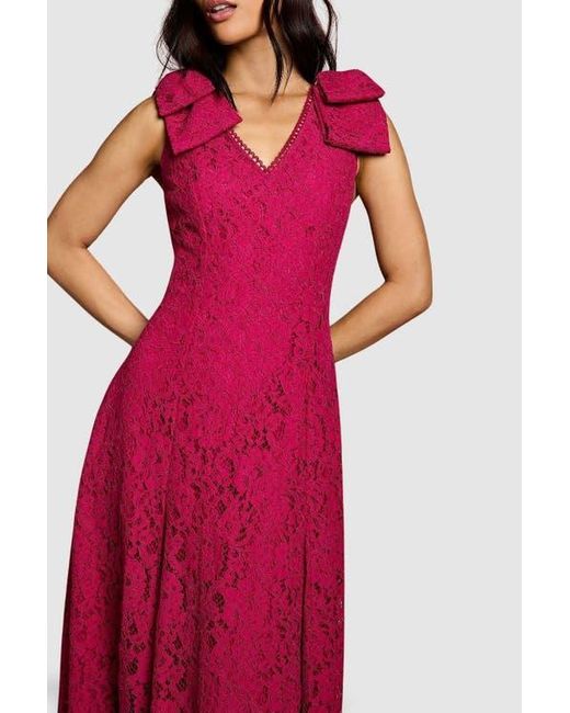 Coast Bow Shoulder V Neck Lace Midi Dress in Red | Lyst