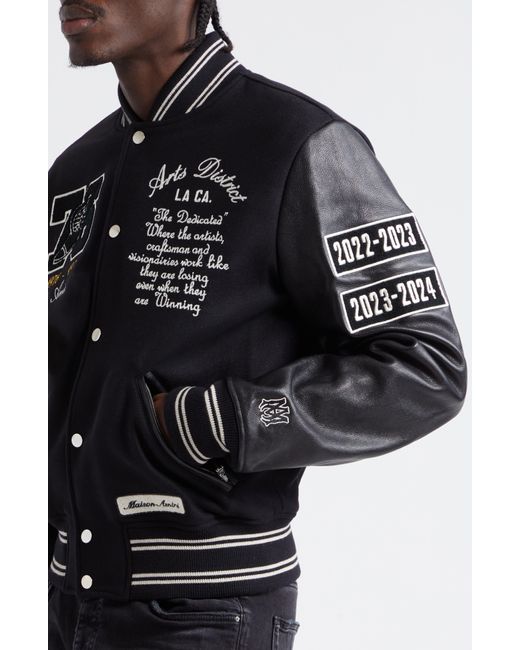 Amiri Black Eagle Patch Oversize Leather Sleeve Wool Blend Varsity Jacket for men