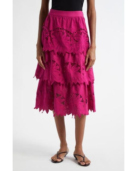Farm Rio Pink Daisy Guipure Lace Cotton & Linen Tiered Skirt
