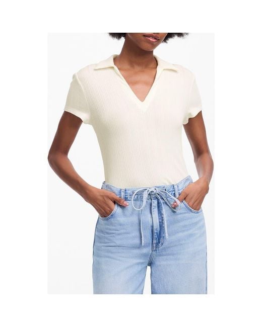 Madewell White V-Neck Rib Polo Top