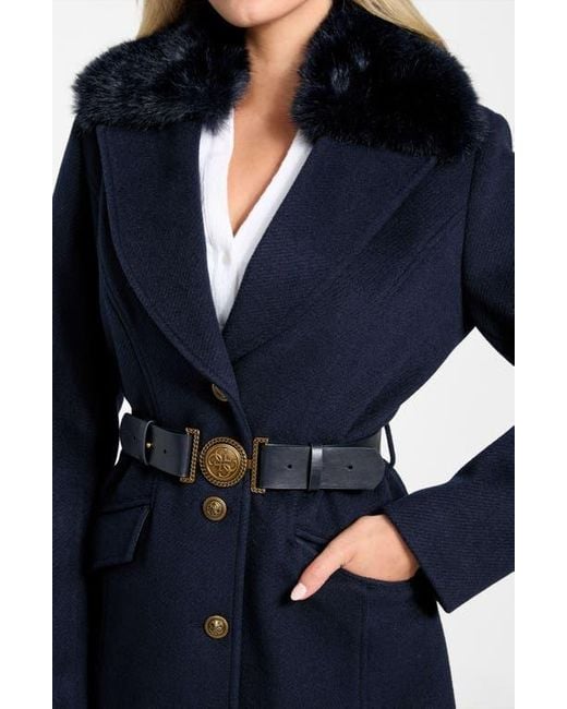 Guess Blue New Patrice Belted Coat With Removable Faux Fur Collar