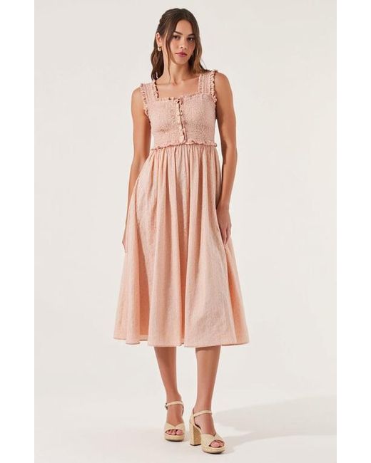 Modenaire Pink Smocked Midi Dress With Ruffle Straps And Button-Front Detail