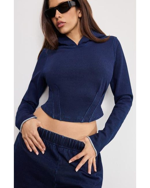 GOOD AMERICAN Blue Jeanius Crop Corset French Terry Hoodie