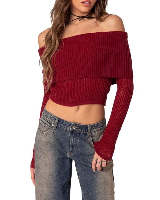 Edikted Red Lili Rib Off The Shoulder Crop Sweater