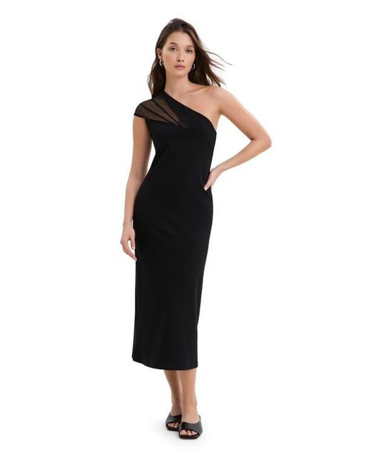 MARCELLA Black Kiran Sheer Accent One-Shoulder Midi Dress