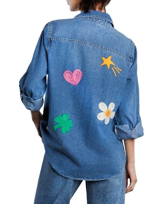 BILLY T Blue Pocketful Of Sunshine Embroidered Denim Graphic Button-Up Shirt