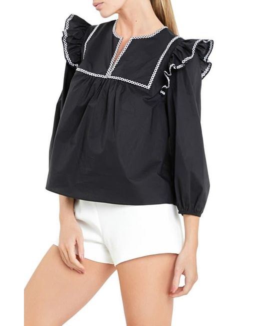English Factory Black Embroidered Ruffle Balloon Sleeve Cotton Top