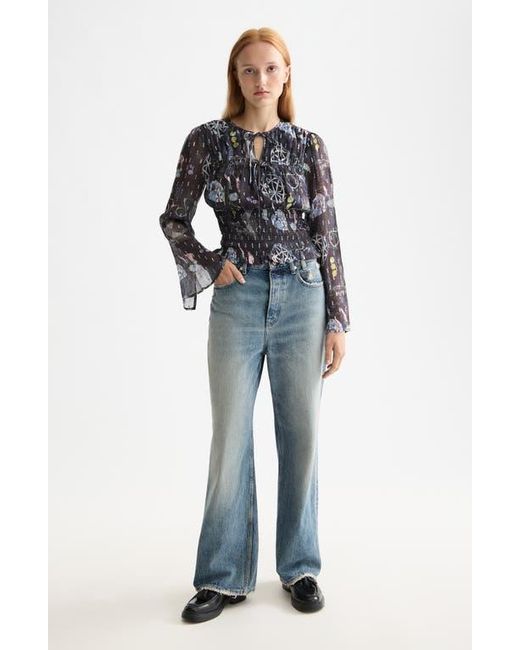 Scotch & Soda Gray Long Sleeve Smocked Waist Chiffon Top