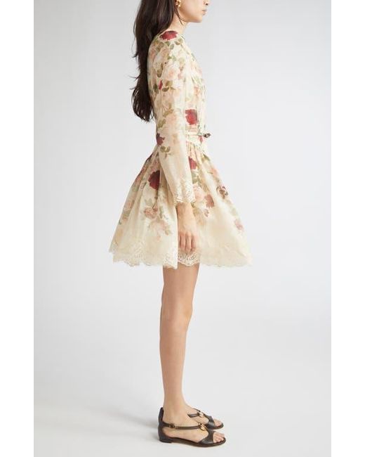Zimmermann Natural Hypnotic Lace Trim Long Sleeve Belted Linen & Silk Minidress