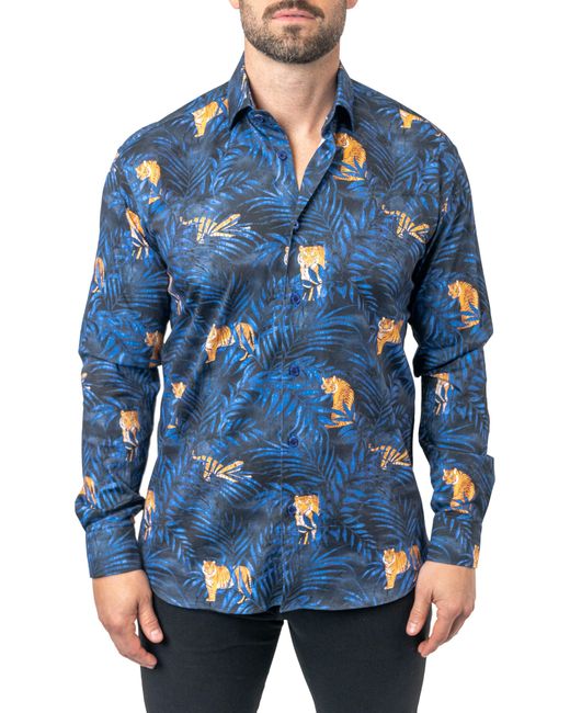 Maceoo Blue Fibonacci Tiger Palm Contemporary Fit Button-up Shirt for men